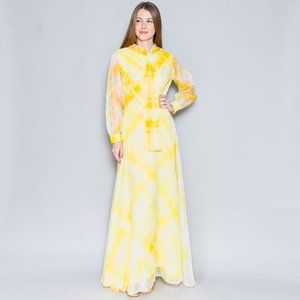 VINTAGE Yellow Gingham Organza Maxi Dress 1970s